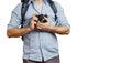 Unrecognizable Man Traveler Blogger Man With Backpack And Film Camera Isolated. Hiking Tourism Journey Concept