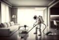 Unrecognizable man wearing astronaut spacesuit and helmet vacuuming living room with hoover in a modern home Royalty Free Stock Photo