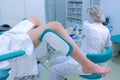 Unrecognizable patient woman in a gynecological chair in clinic, side view.