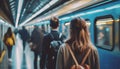 Unrecognizable people walking in train station. public transport travel concept .ai generated
