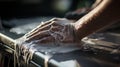 Unrecognizable person cleaning a car with a washcloth on a bright summer day in a wide shot