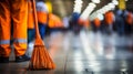 Unrecognizable person cleaning office floor with detailed shot and blurred background