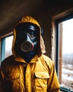 Unrecognizable person with gas mask in post apocalyptic surrounding after nuclear war, generative ai