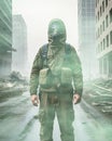 Unrecognizable person with gas mask in post apocalyptic surrounding after nuclear war, generative ai