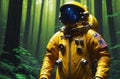 Unrecognizable person in yellow space suit in mysterious forest. Astronaut in cosmic outfit exploring fantastic world