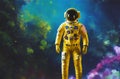 Unrecognizable person in yellow space suit in mysterious forest. Astronaut in cosmic outfit exploring fantastic world