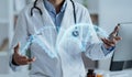 Unrecognizable physician engages futuristic CRISPR tech, immersing in augmented reality to enhance patient treatments