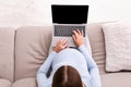 Unrecognizable Pregnant Girl Using Laptop Sitting On Sofa, Mockup, Top-View Royalty Free Stock Photo
