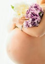 Unrecognizable pregnant woman holding beautiful flowers. Close up belly Royalty Free Stock Photo