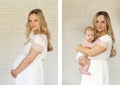 Before and after pregnancy. Maternity and pregnancy concept. Mother and her baby daughter having fun Royalty Free Stock Photo