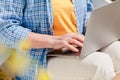 Unrecognizable senior woman using laptop for distance learning outdoors Royalty Free Stock Photo