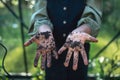 Unrecognizable small girl showing dirty hands, gardening concept.