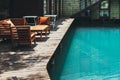 Unrecognizable terrace balcony with a pond in summer. Vacation recreation concept in a country house with a lake view