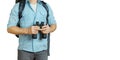 Young Traveler Man With Backpack And Binoculars Seeking Direction. Hiking Tourism Journey Concept