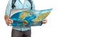 Young Traveler Man With Backpack Exploring Map. Hiking Tourism Journey Concept