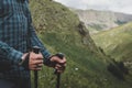 Unrecognizable Traveler With Trekking Poles In Hands. Journey Outdoor