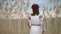 Ukrainian woman walking in embroidery vyshivanka dress on reed nature background. Symbol of Ukraine, national identity