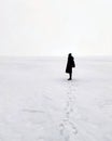 Unrecognizable woman in black clothes standing on snowy lake in cloudy weather. Silhouette of female walking on winter Royalty Free Stock Photo