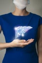 Unrecognizable woman in blue clothes holding highlighted handrawn Liver in hands. Medical illustration, template, science mockup