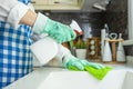 Woman cleaning kitchen top with rag and spray cleaner Royalty Free Stock Photo