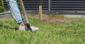 Unrecognizable woman digs a hole for a tree with a shovel in the garden near the house. The female plants a young Royalty Free Stock Photo