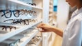 Unrecognizable woman in doctor uniform demonstrating eyeglasses placed on shelf for showcase while working in optical store.