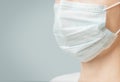 Unrecognizable woman in medical protective mask, close-up.