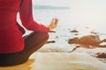 Unrecognizable Woman Practices Yoga In Lotus Position, Rear View. Biohacking, Meditation, Mental Health, Banner with Text Space Royalty Free Stock Photo