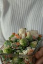 Unrecognizable woman showing Frozen mixed vegetables homemade. Harvesting concept. Stocking up vegetables for winter Royalty Free Stock Photo