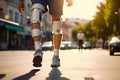 Unrecognizable woman wearing leg braces or orthosis walking on the street, view from behind. Generative AI