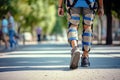 Unrecognizable woman wearing leg braces or orthosis walking on the street, view from behind. Generative AI