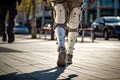 Unrecognizable woman wearing leg braces or orthosis walking on the street, view from behind. Generative AI
