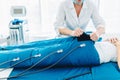 Legs pressotherapy machine on woman patient in hospital bed