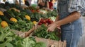 An Unrecognizable Young Woman Carefully Chooses Fresh Vegetables, Herbs, and Greens at a Local Farmers Market Royalty Free Stock Photo