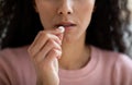 Unrecognizable Young Woman Taking White Round Pill At Home, Closeup Shot Royalty Free Stock Photo