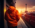 Unrecognized man in orange blazer looking at containers in docks. Port engineer watching the sunset. Generative AI