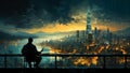 Unrecognized man sitting on the chair on the balcony of a high building. Man looks at city panorama with skyscrapers at night. Royalty Free Stock Photo