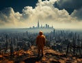 Unrecognized person wearing orange coat standing on top. Man looks at the grey cityscape at daytime. White cloudscape at backdrop