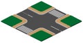 Unregulated crossroads intersection with pedestrian crossing 3d isometric icon illustration Royalty Free Stock Photo