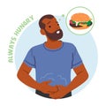 Unrelenting Hunger Common Symptom Of Diabetes. Male Character Constantly Feel The Need To Eat, Vector Illustration