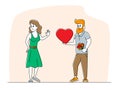 Unrequited Love Concept. Loving Man Giving Huge Red Heart to Woman Rejecting his Feelings Saying No