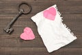 Unrequited Love Concept. Vintage Key, Two Crumpled Heart, Blank Royalty Free Stock Photo