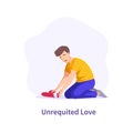 Unrequited love. Crying man picking up pieces of broken heart. Betrayal or treason flat vector