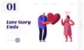 Unrequited One Side Love Landing Page. Loving Man Giving Huge Red Heart to Woman Rejecting his Feelings Saying No