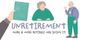Unretirement concept. Old man and woman have a new job. Horizontal poster. Royalty Free Stock Photo