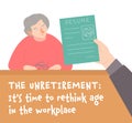 Unretirement concept. Old woman at job interview. Horizontal poster. Royalty Free Stock Photo