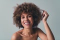 Unretouched photo of happy girl body positive self love natural hair imperfection over pastel color background