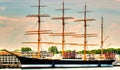 Unrigged four-masted Passat in Travemunde harbor, museum ship of the city of Lubeck