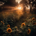 unrise in the Sunflower Field Royalty Free Stock Photo