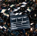 Unrolled heap 35mm movie filmstrip color carpet and clapperboard
